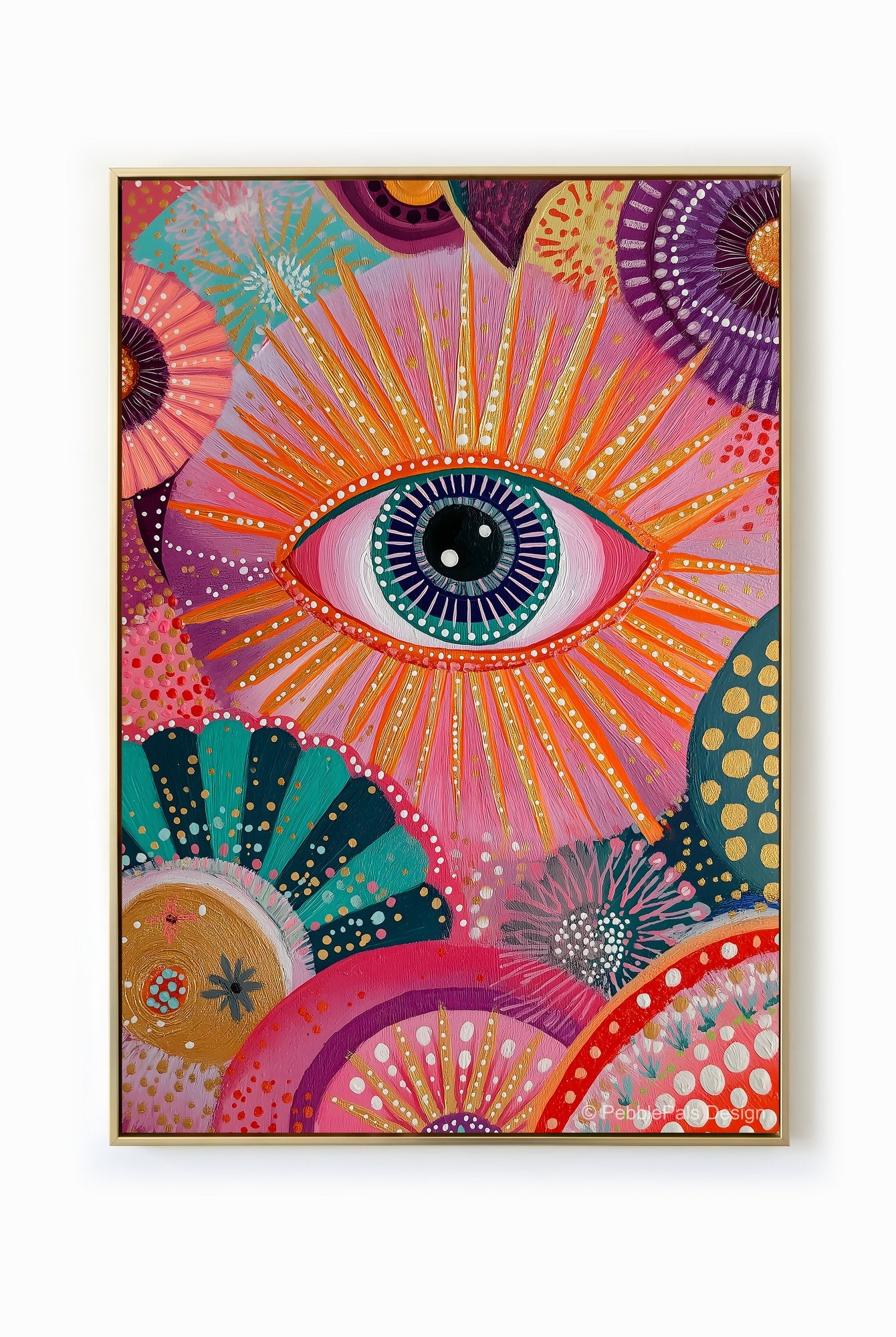Psychedelic painting of an eye surrounded by colorful floral patterns.