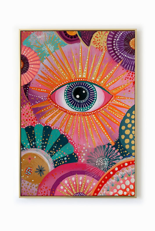 Psychedelic painting of an eye surrounded by colorful floral patterns.