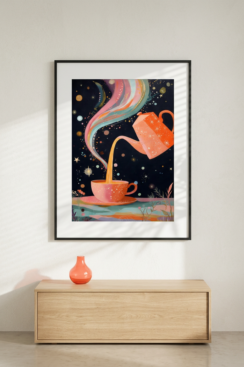 Coral & Amber Cosmic Tea Party Painting | Contemporary Style | Relaxation Space Decor | Digital Download
