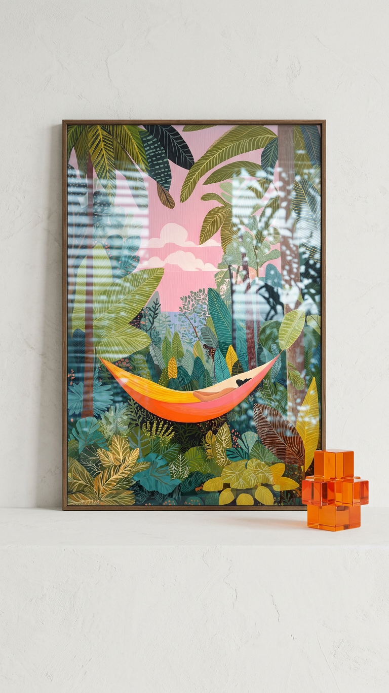 Ethereal & Serene Hammock in Jungle Art | Goldenrod & Emerald Tones | Jungle escape, peaceful dream | Gift for Relaxation Seekers | Digital Download