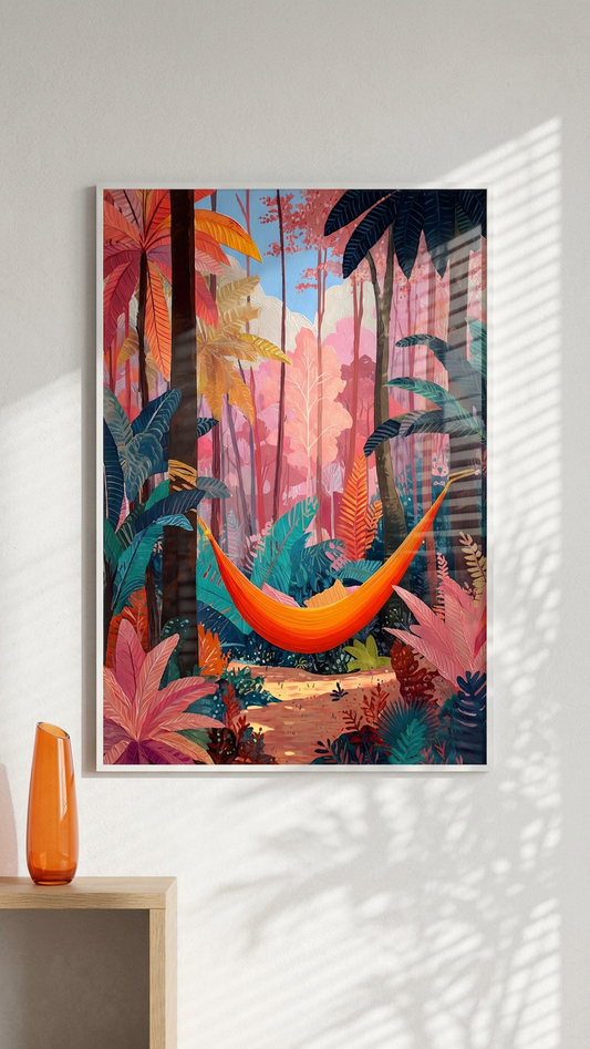 Orange Hammock in Teal & Blush Forest Painting | Impressionist Style | Meditation Room Decor | Digital Download