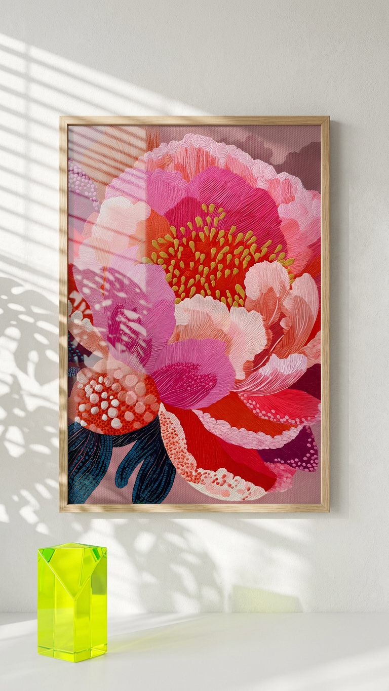 Pink, Coral & Gold Peony Bloom Painting | Impressionist Style | Living Room Decor | Digital Download,