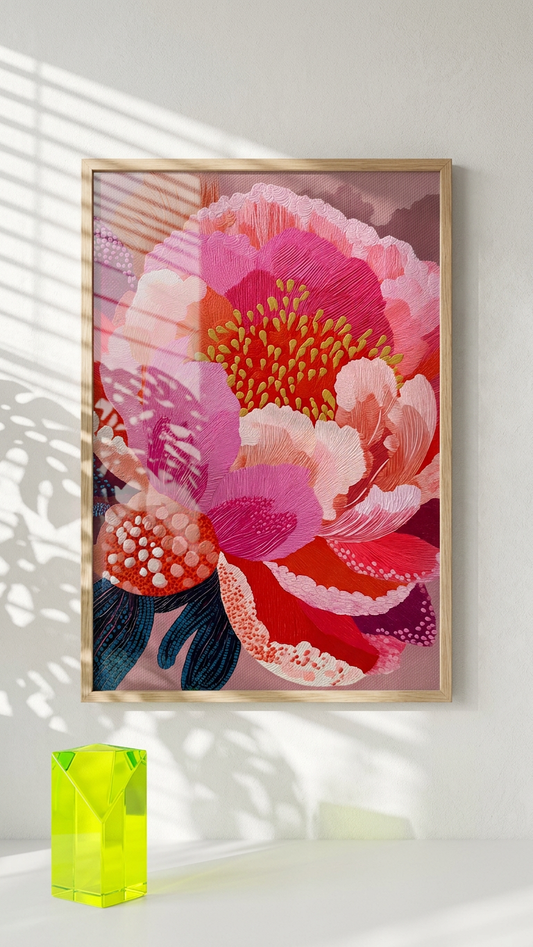Pink, Coral & Gold Peony Bloom Painting | Impressionist Style | Living Room Decor | Digital Download,