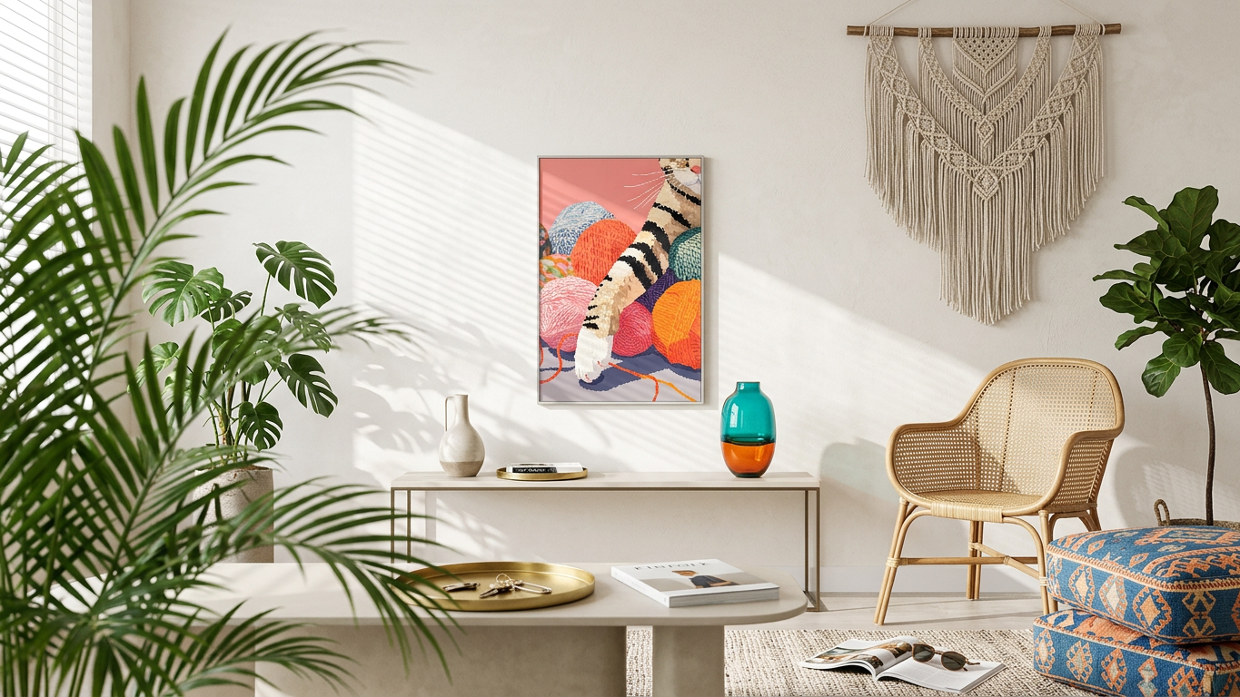 Coral & Indigo Striped Tabby Kitten Painting | Naive Style | Children's Room Decor | Digital Download
