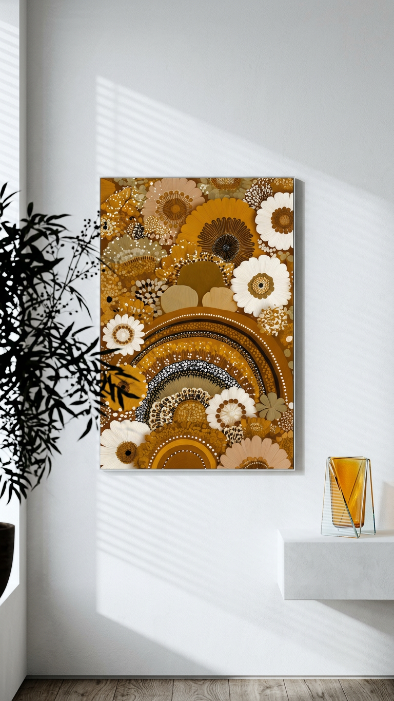 Golden Ochre & Ivory Floral Abundance Painting | Contemporary Aboriginal Style | Bohemian Living Room Decor | Digital Download