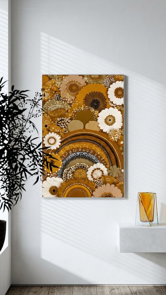 Golden Ochre & Ivory Floral Abundance Painting | Contemporary Aboriginal Style | Bohemian Living Room Decor | Digital Download
