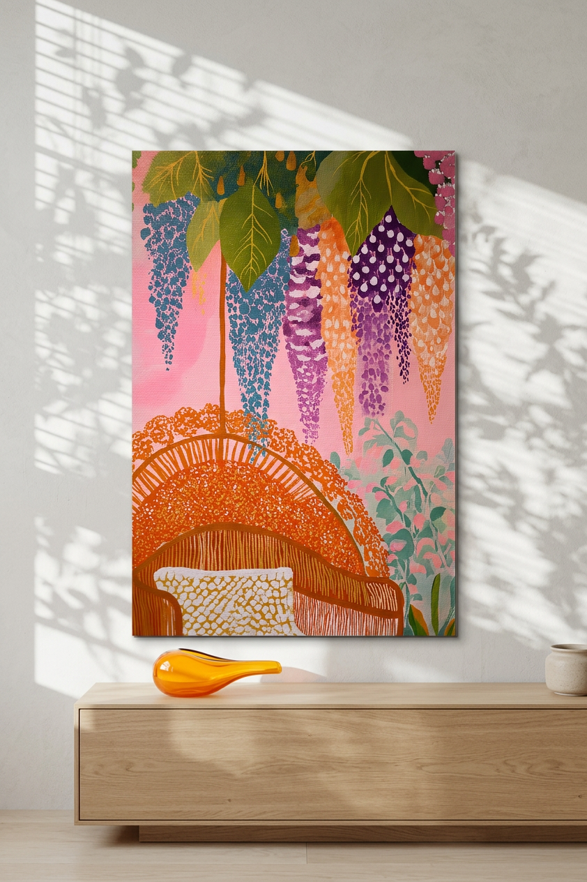 Rose Quartz & Tangerine Wisteria Canopy Painting | Naive Style | Sunlit Solarium Decor | Digital Download