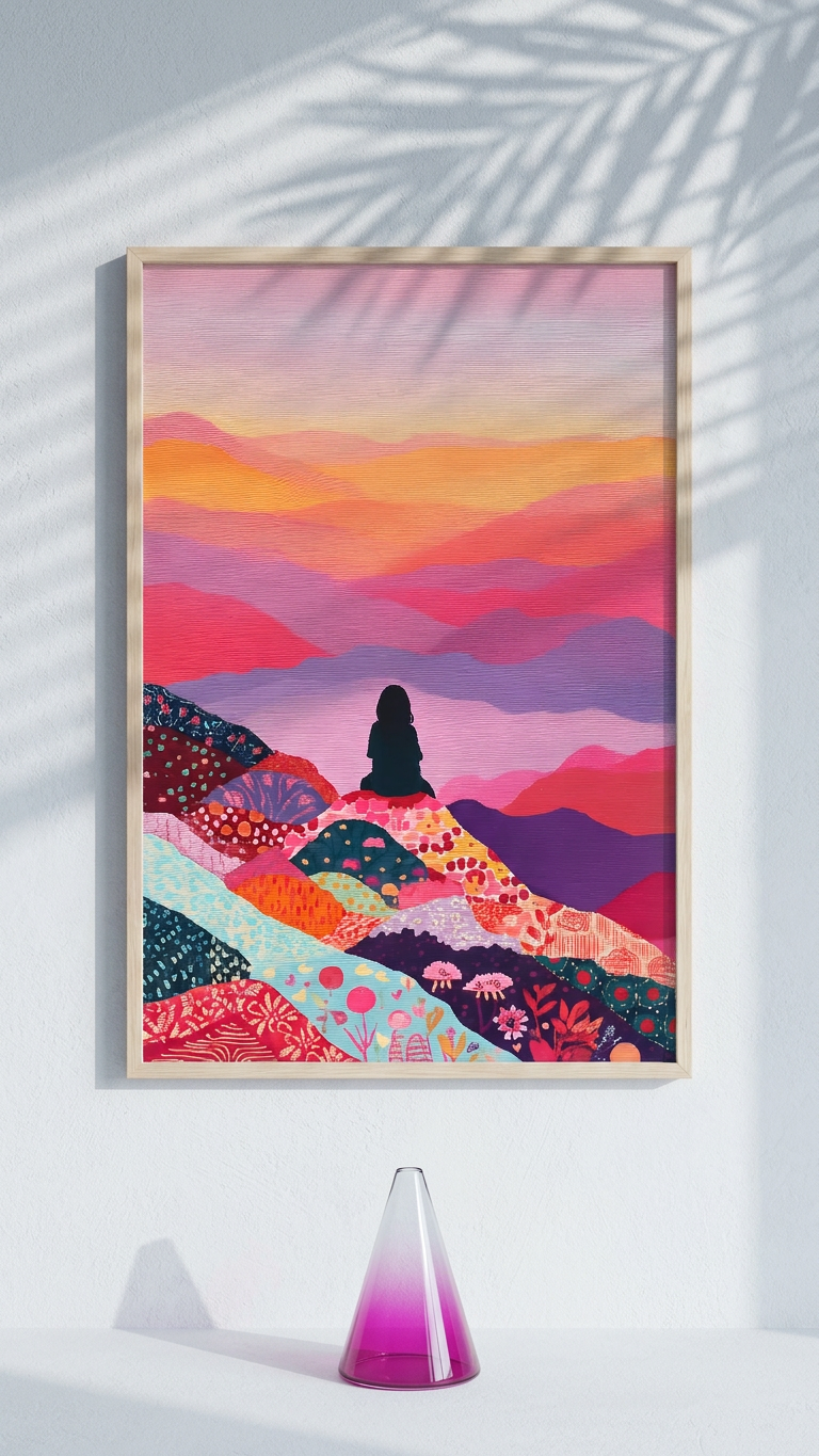 Sunset Hues & Floral Silhouette on Floral Hills Painting | Folk Style | Meditation Space Decor | Digital Download