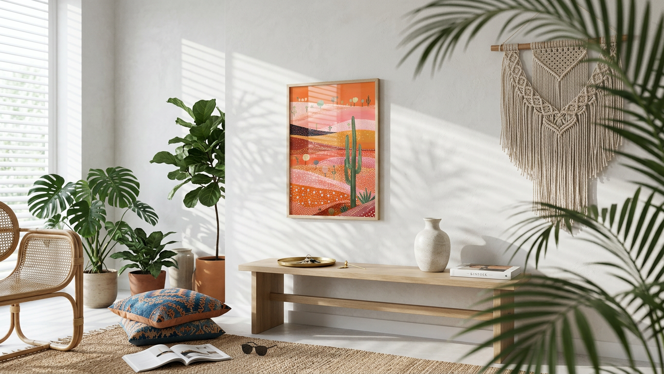 Ochre & Blush Desert Cactus Landscape Painting | Naive Style | Bohemian Living Room Decor | Digital Download