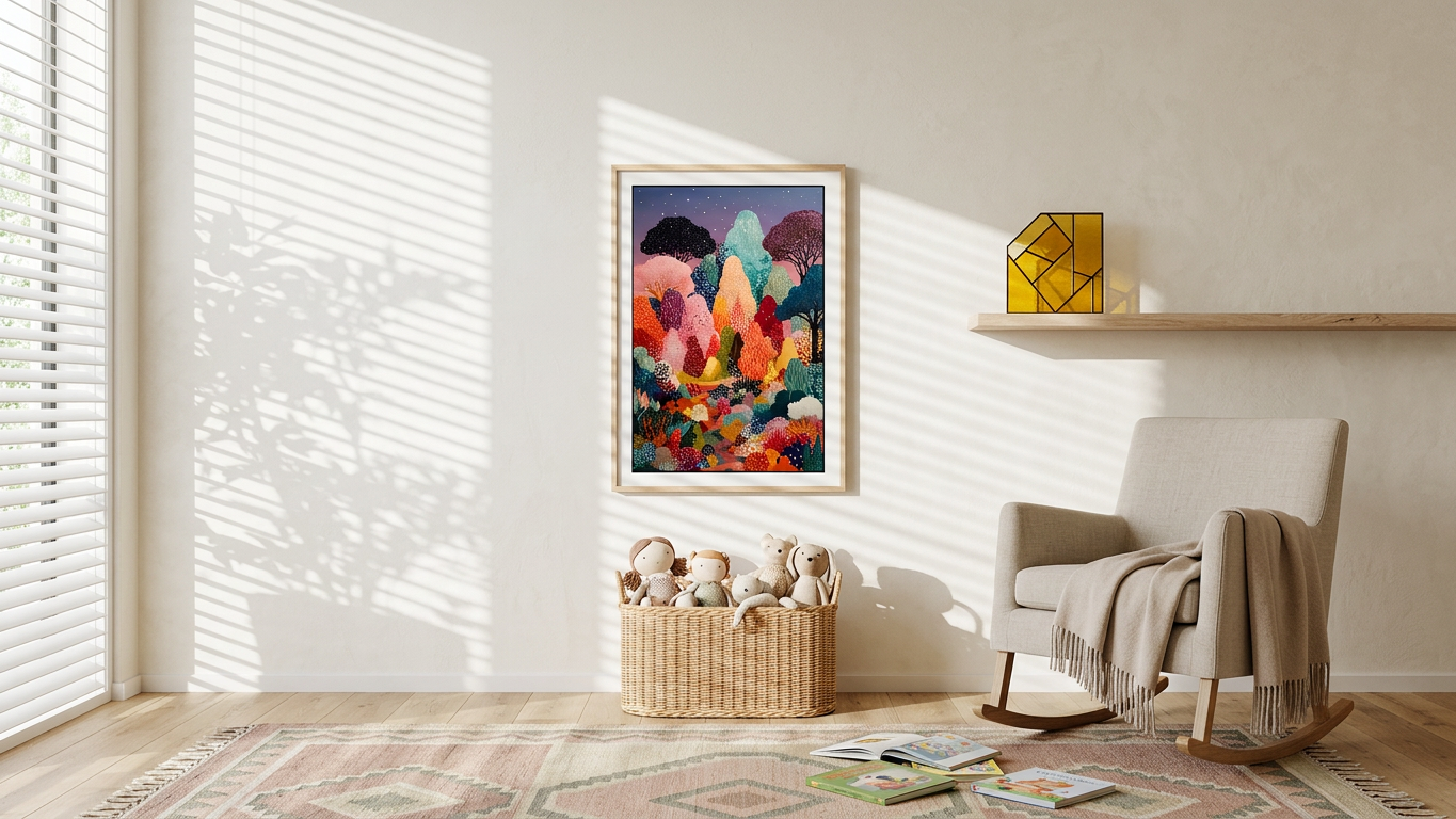 Jewel Tones & Pastel Enchanted Forest Canopy Painting | Folk Style | Living Room Decor | Digital Download
