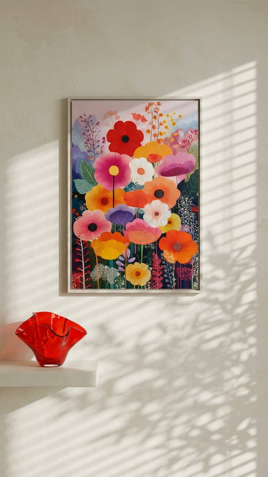 Crimson & Amber Floral Bouquet Painting | Naive Style | Sunlit Living Room Decor | Digital Download