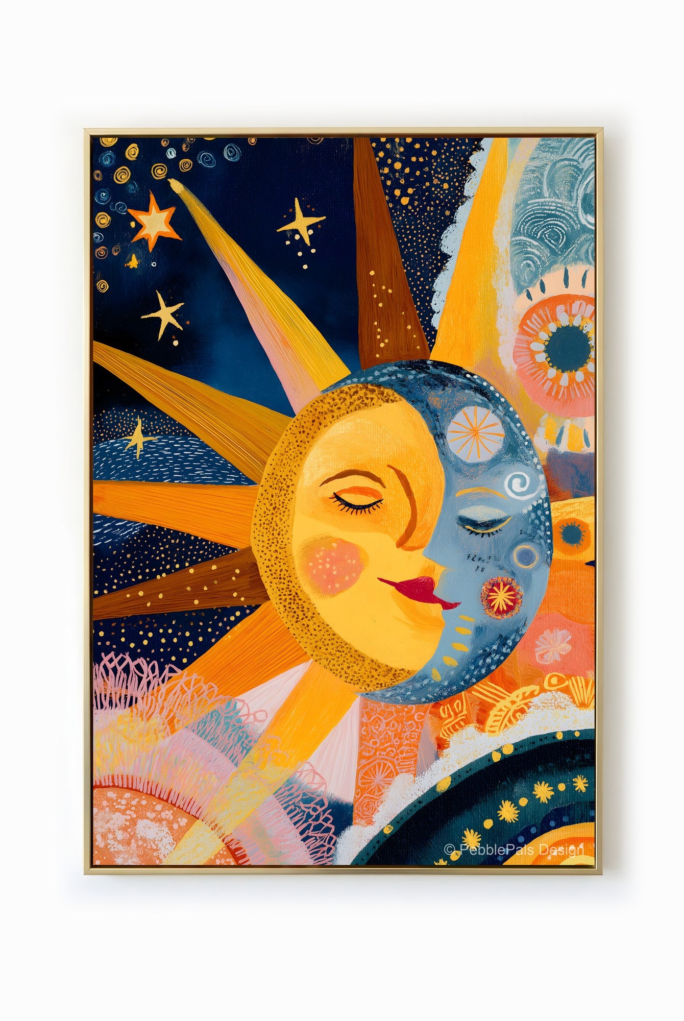 Folk art painting of a sun and moon in harmonious balance, radiating warm and cool colors.