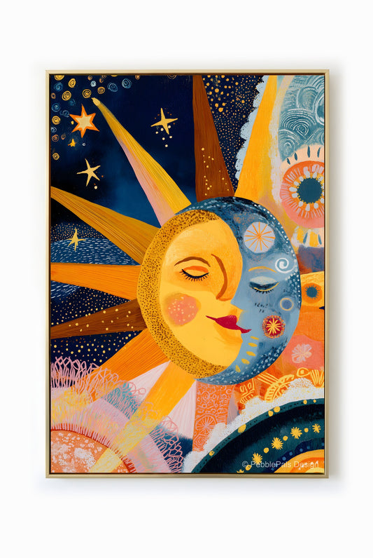 Folk art painting of a sun and moon in harmonious balance, radiating warm and cool colors.