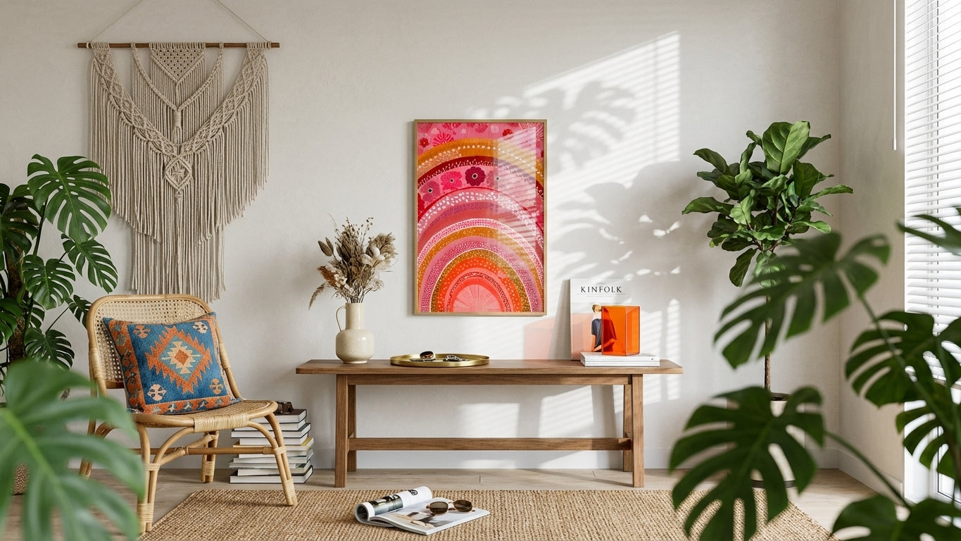 Rose & Terracotta Floral Rainbow Painting | Naive Style | Whimsical Home Decor | Digital Download