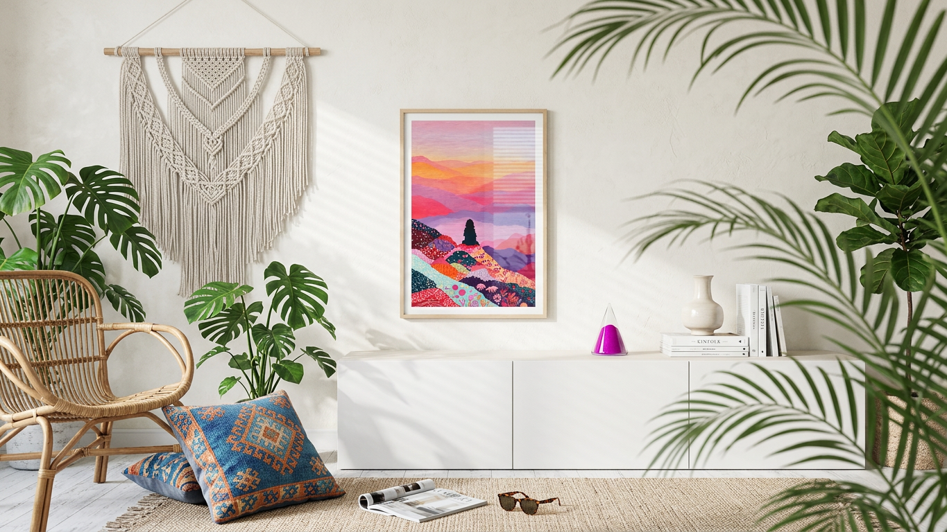 Sunset Hues & Floral Silhouette on Floral Hills Painting | Folk Style | Meditation Space Decor | Digital Download
