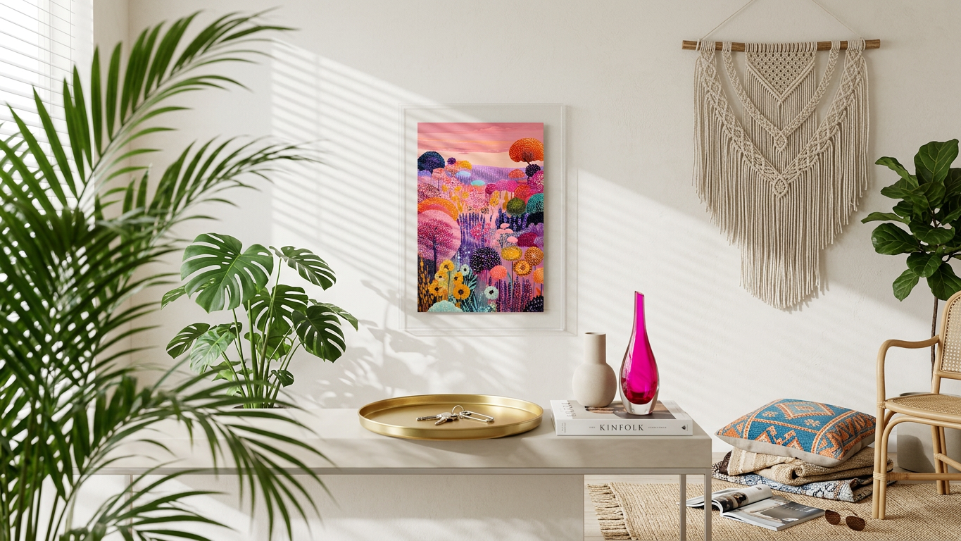 Vibrant Whimsical Floral Meadow Painting | Naive Style | Cozy Living Room Decor | Digital Download