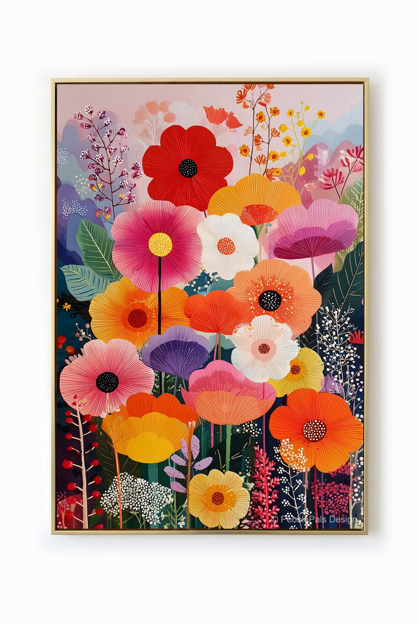 A vibrant and whimsical floral bouquet in naive style, bursting with color.