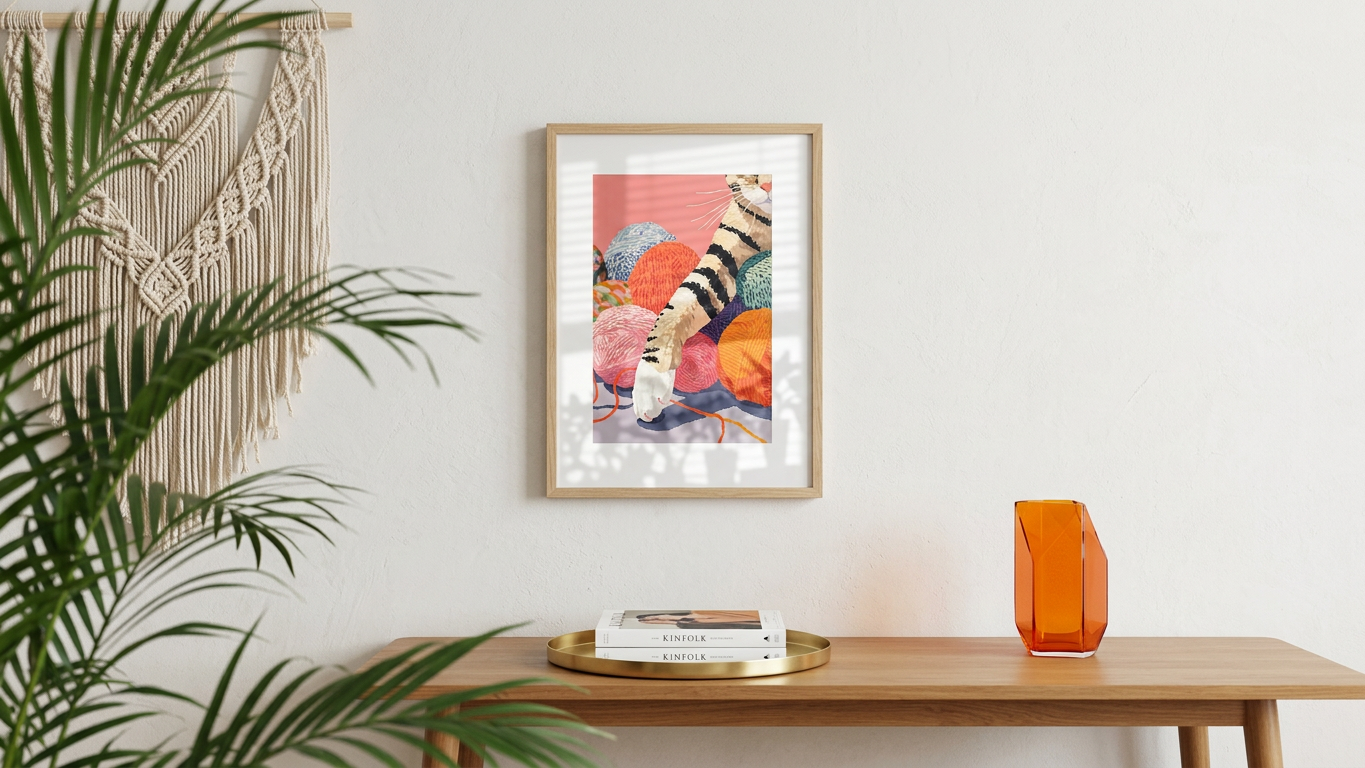 Coral & Teal Tabby Cat & Yarn Balls Painting | Contemporary Style | Children's Room Decor | Digital Download