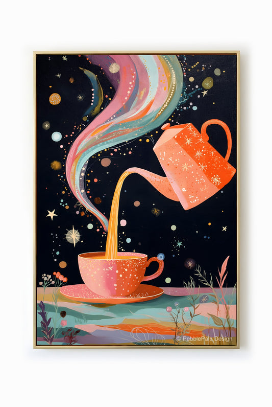 Whimsical art of teapot pouring stardust into a tea cup against a starry sky, creating a celestial tea party.