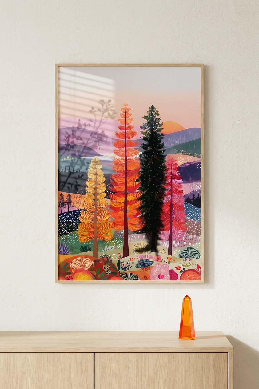 Amber & Emerald Enchanted Forest Trees Painting | Folk Style | Living Room Decor | Digital Download
