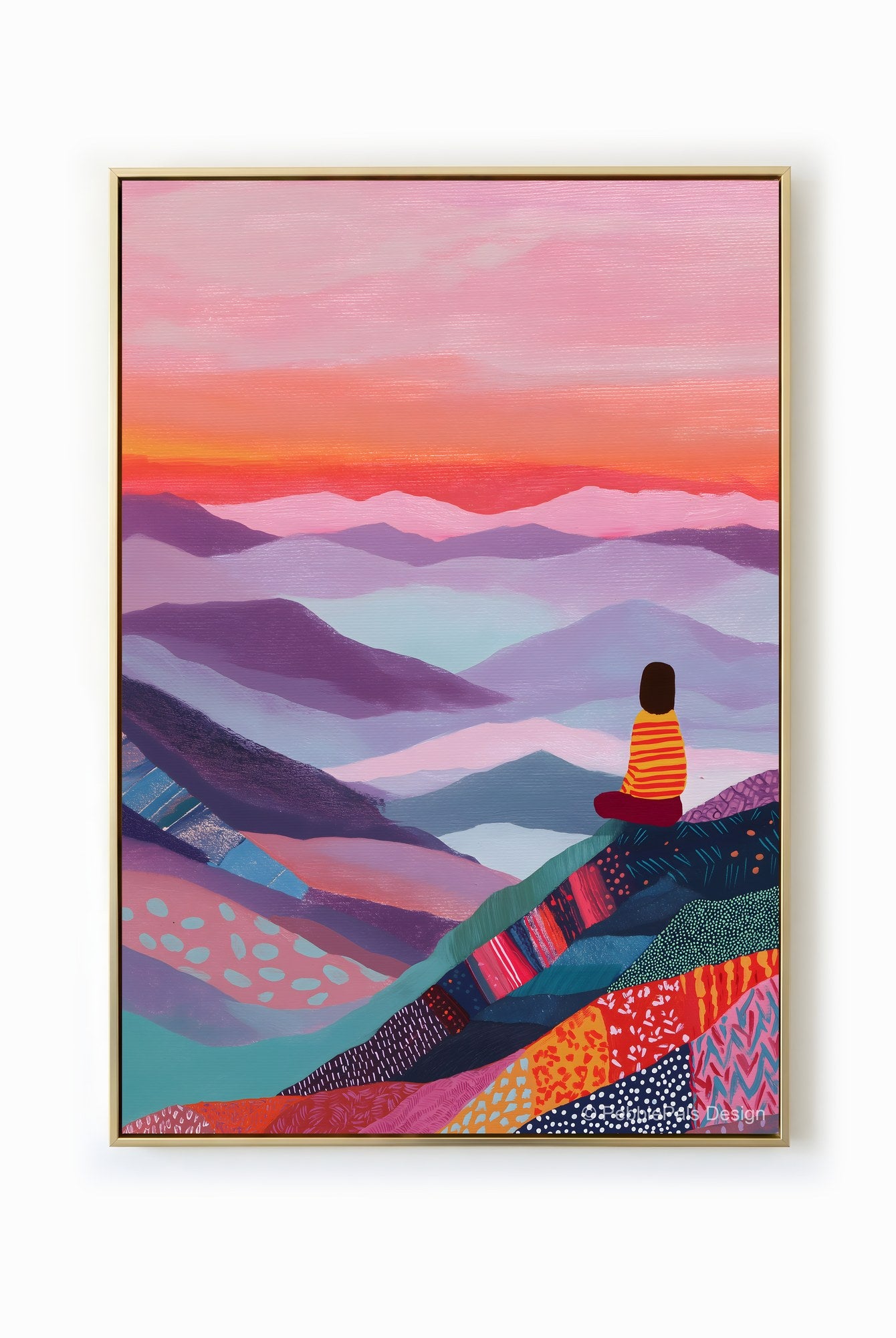 A figure sits atop a mountain, overlooking a layered landscape with a vibrant sunset.