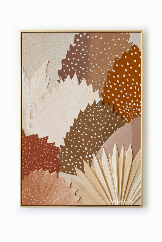 Minimalist palm leaf collage in earth tones, sienna and cream.