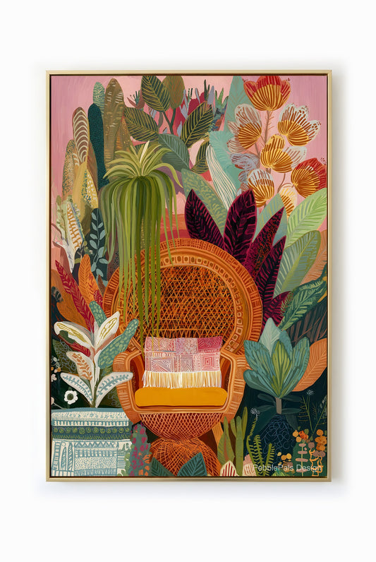 Botanical art print featuring a wicker chair surrounded by lush foliage in ethereal light