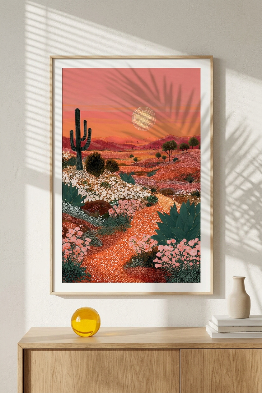 Ethereal & Serene Sonoran Desert Bloom Art | Coral & Apricot Tones | Warmth in Pointillist Harmony | Digital Download