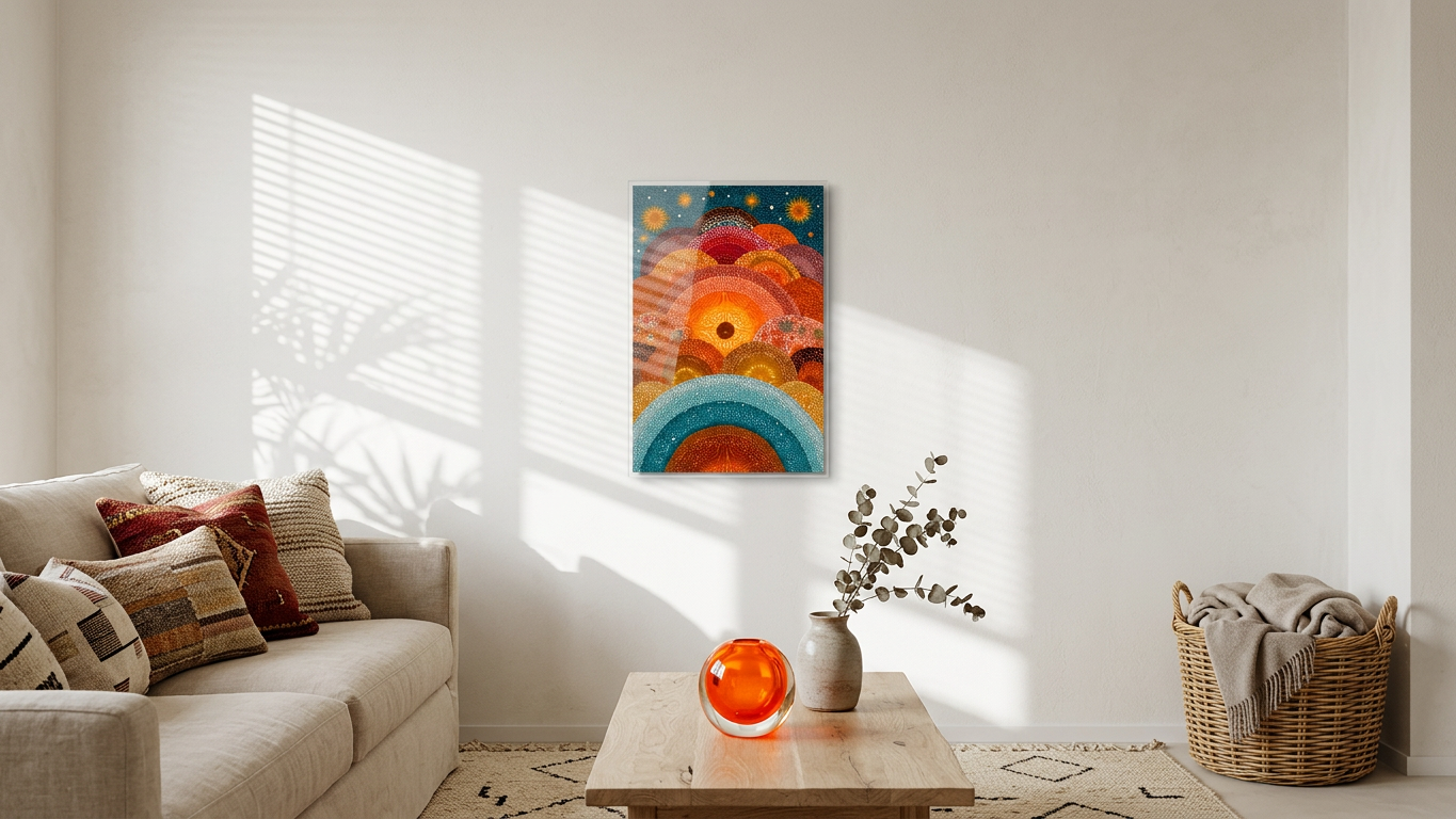 Burnt Orange & Teal Abstract Sunscape Painting | Naive Style | Meditation Space Decor | Digital Download