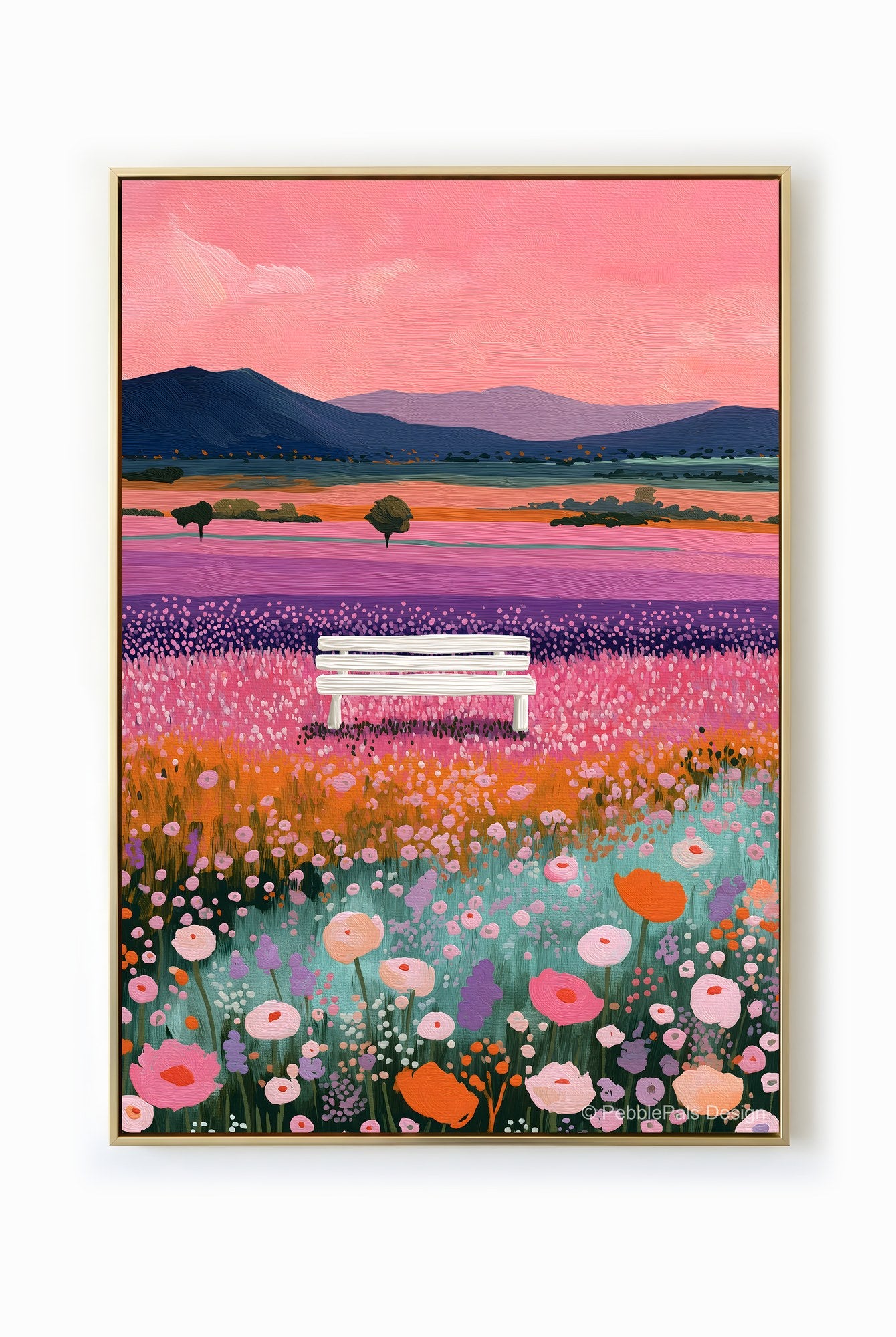 Impressionist painting of a white bench in a vibrant flower field under a pink sky.