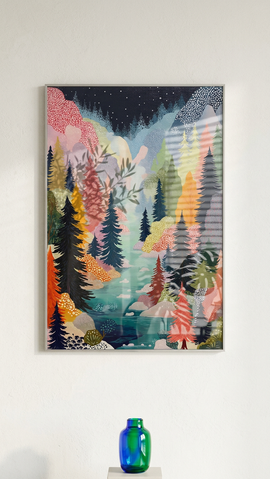 Ethereal & Harmonious Enchanted Forest Vista Art | Teal & Coral Tones | Nature's serene embrace | Gift for Nature Lovers | Digital Download