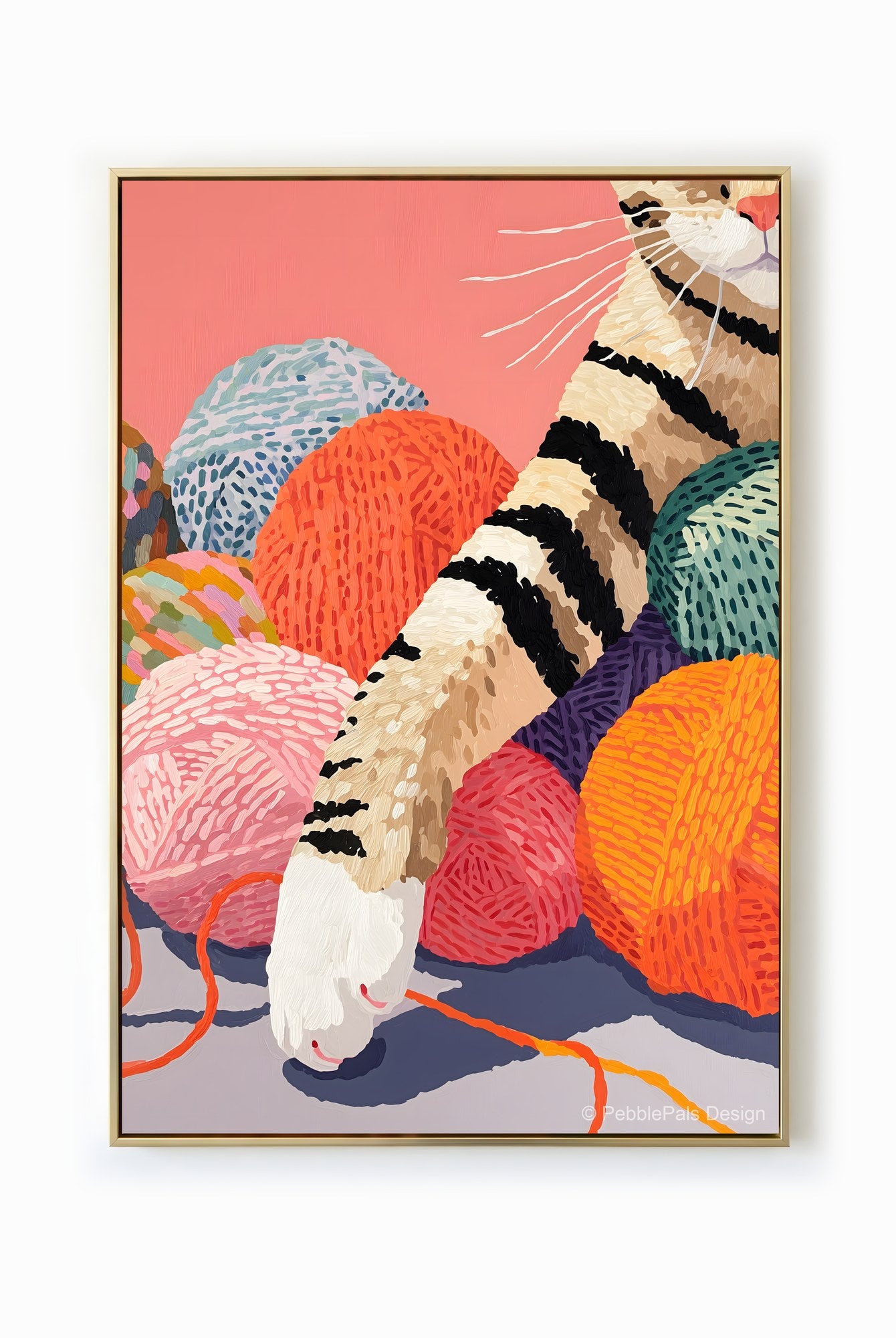 Naive painting of a striped tabby kitten playing with colorful yarn balls, creating a playful and comforting atmosphere.
