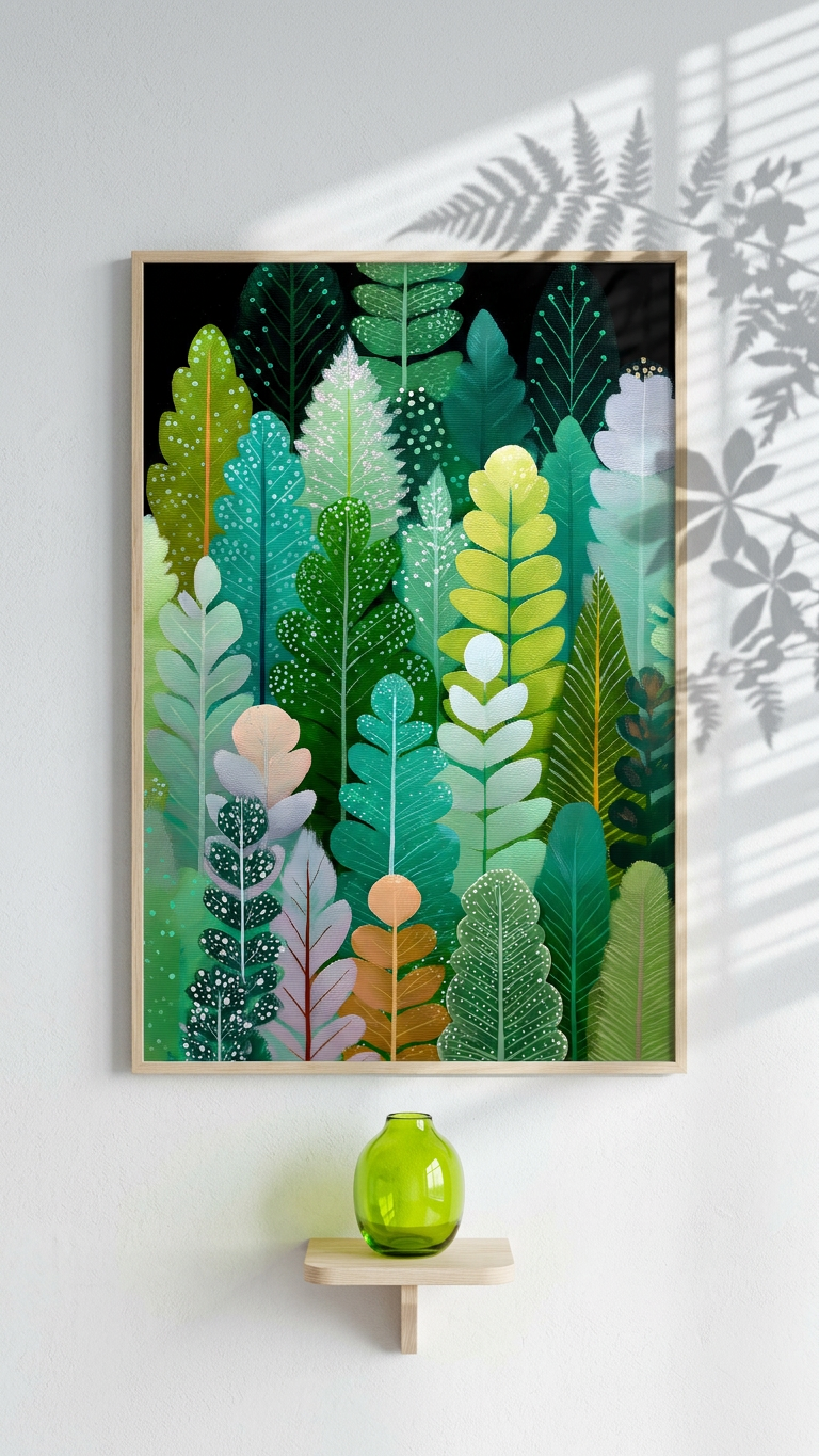 Emerald & Chartreuse Verdant Leaves Painting | Contemporary Style | Sunlit Conservatory Decor | Digital Download
