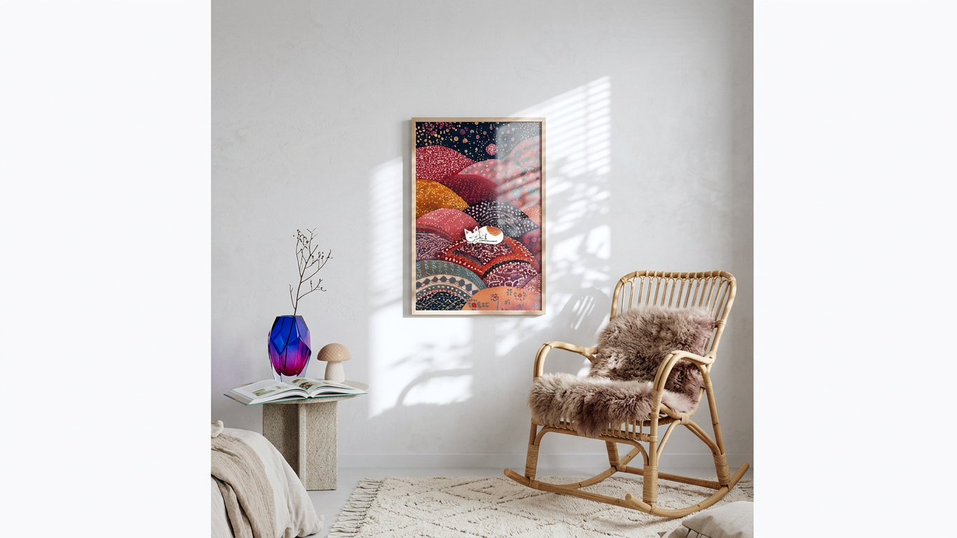 Whimsical & Comforting Sleeping White Cat Art | Crimson & Mustard Tones | Serenity in patterned dreams | Gift for Cat Lovers | Digital Download