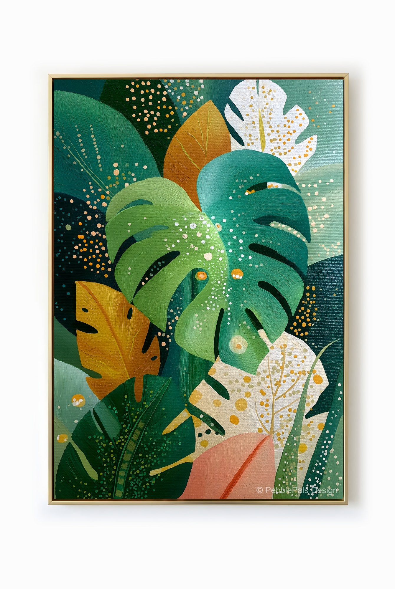 Painting of lush green and gold tropical leaves in a contemporary style.