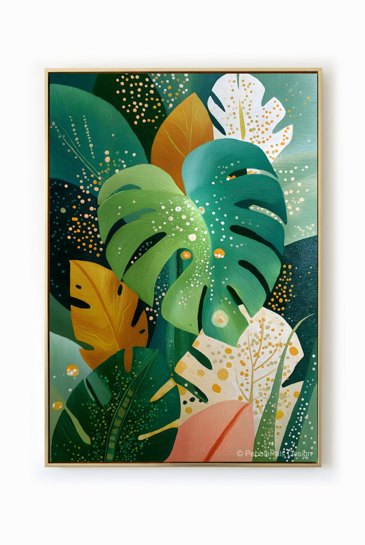 Painting of lush green and gold tropical leaves in a contemporary style.