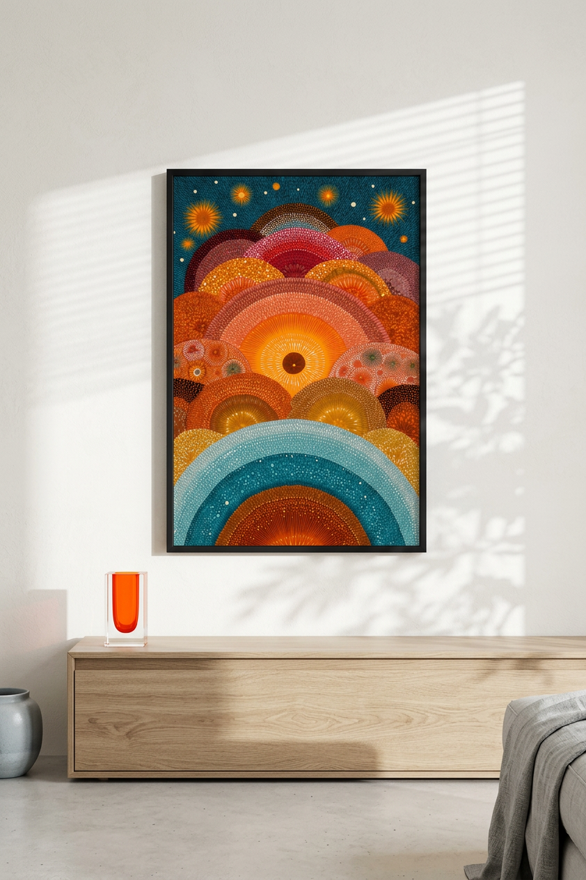 Burnt Orange & Teal Abstract Sunscape Painting | Naive Style | Meditation Space Decor | Digital Download