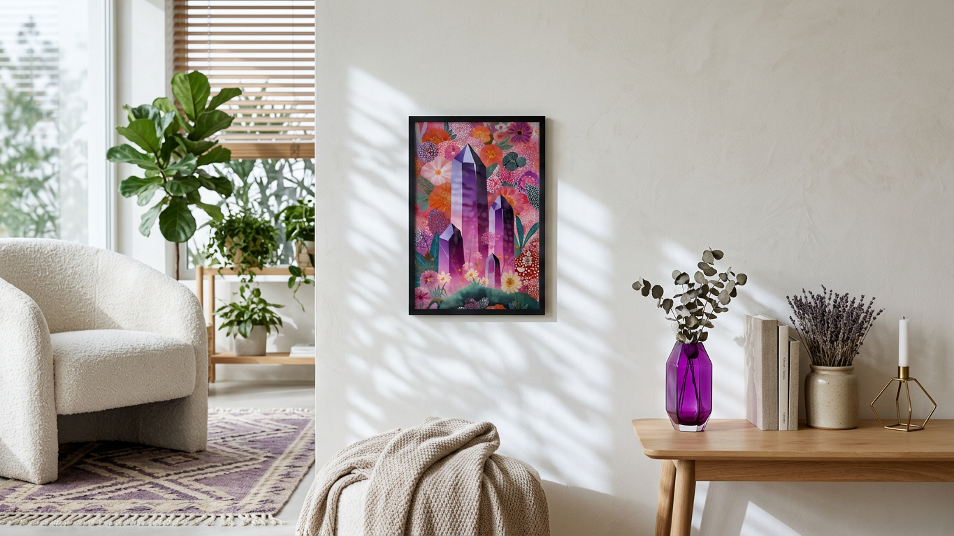 Ethereal & Radiant Amethyst Crystals Art | Amethyst & Floral Burst Tones | Healing crystal garden | Digital Download,