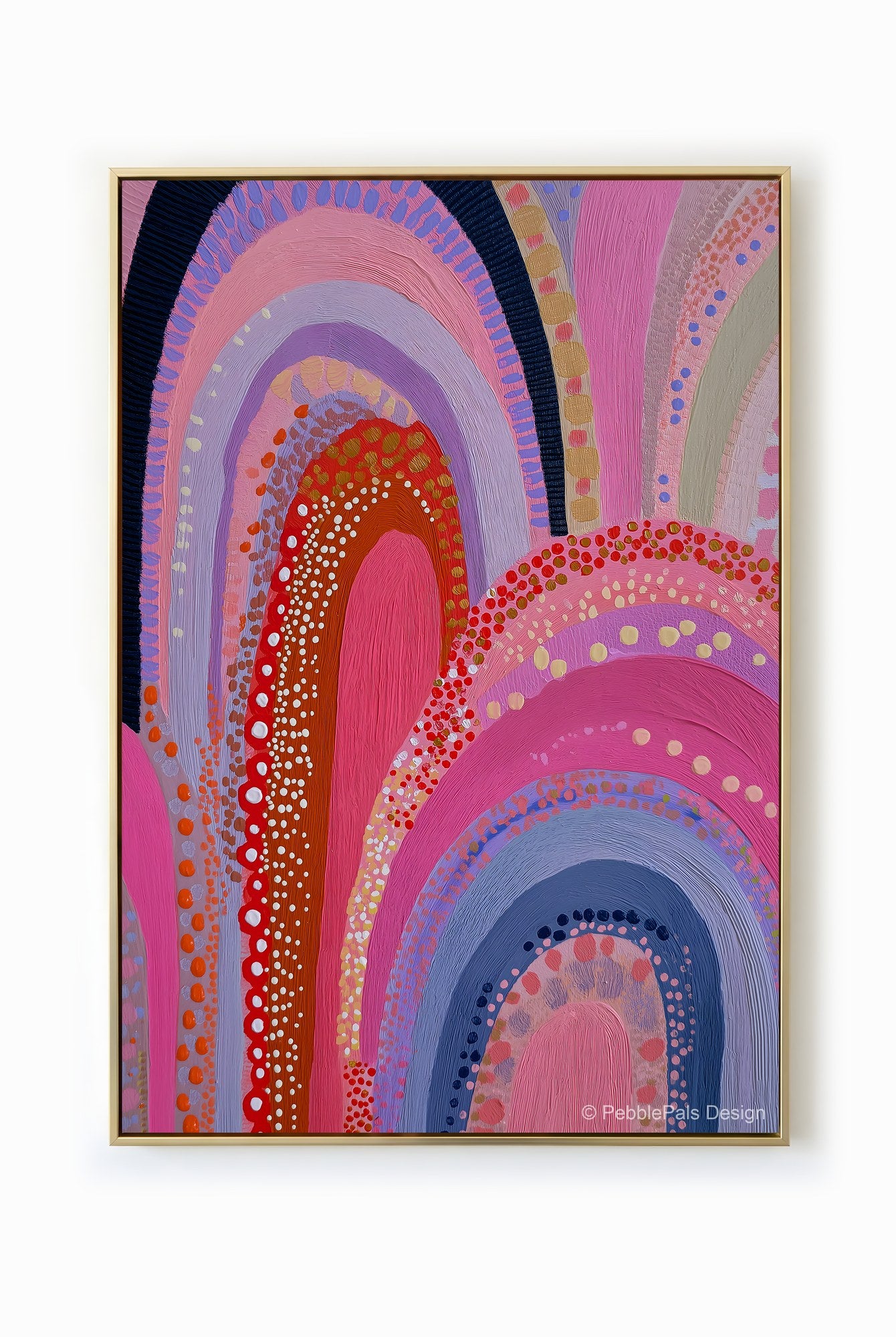 Abstract painting featuring ethereal arches in pastel pink, lavender, and gold, creating a calming and whimsical atmosphere.