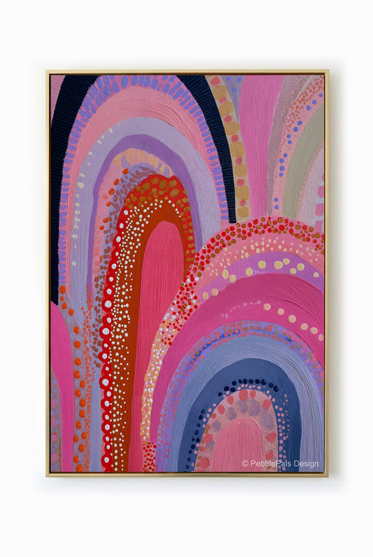 Abstract painting featuring ethereal arches in pastel pink, lavender, and gold, creating a calming and whimsical atmosphere.