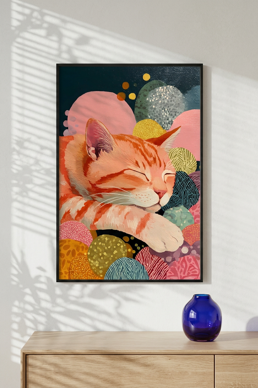 Whimsical & Serene Sleeping Ginger Cat Art | Coral & Teal Tones | Ethereal feline tranquility | Gift for Cat Lovers | Digital Download