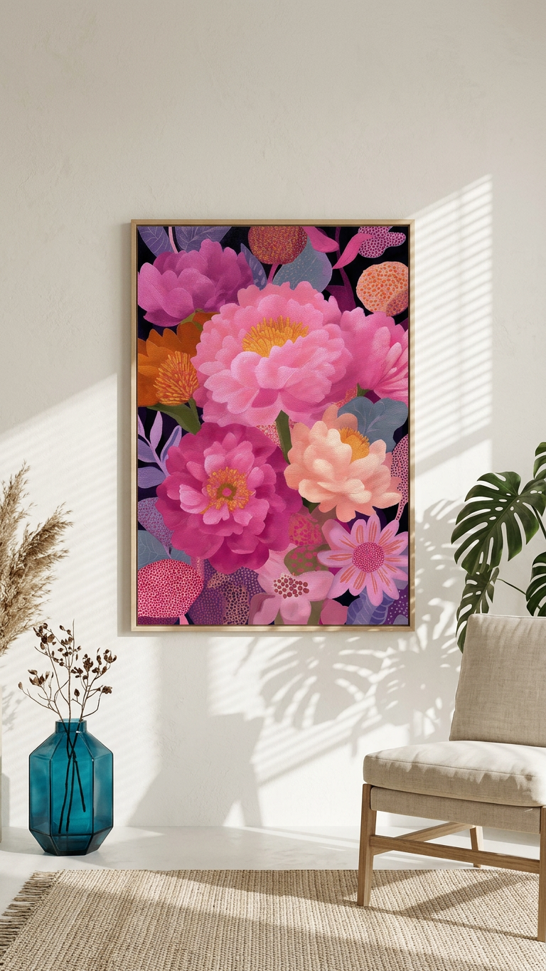 Fuchsia & Apricot Floral Abundance Painting | Botanical Style | Elegant Living Room Decor | Digital Download