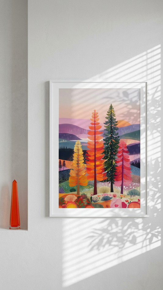 Amber & Emerald Enchanted Forest Trees Painting | Folk Style | Living Room Decor | Digital Download