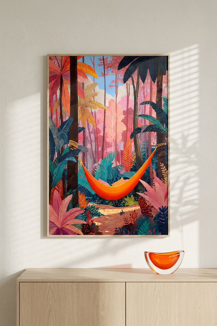 Orange Hammock in Teal & Blush Forest Painting | Impressionist Style | Meditation Room Decor | Digital Download