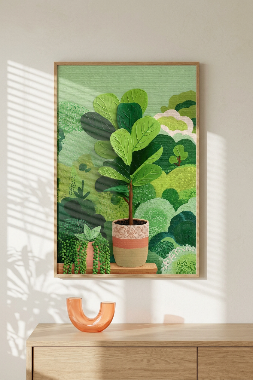 Ethereal & Lush Fiddle Leaf Fig Art | Emerald & Terracotta Tones | Indoor oasis of calm | Gift for Cat Lovers | Digital Download