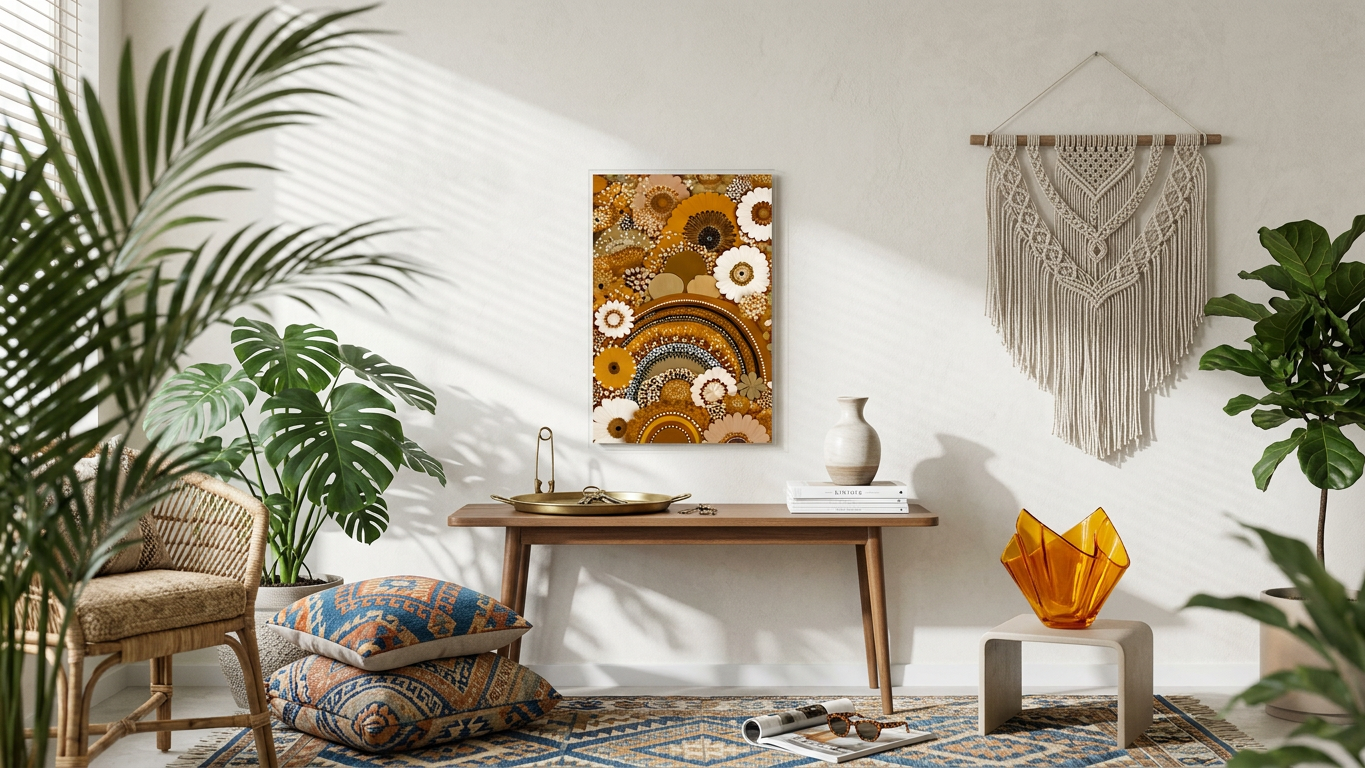 Golden Ochre & Ivory Floral Abundance Painting | Contemporary Aboriginal Style | Bohemian Living Room Decor | Digital Download