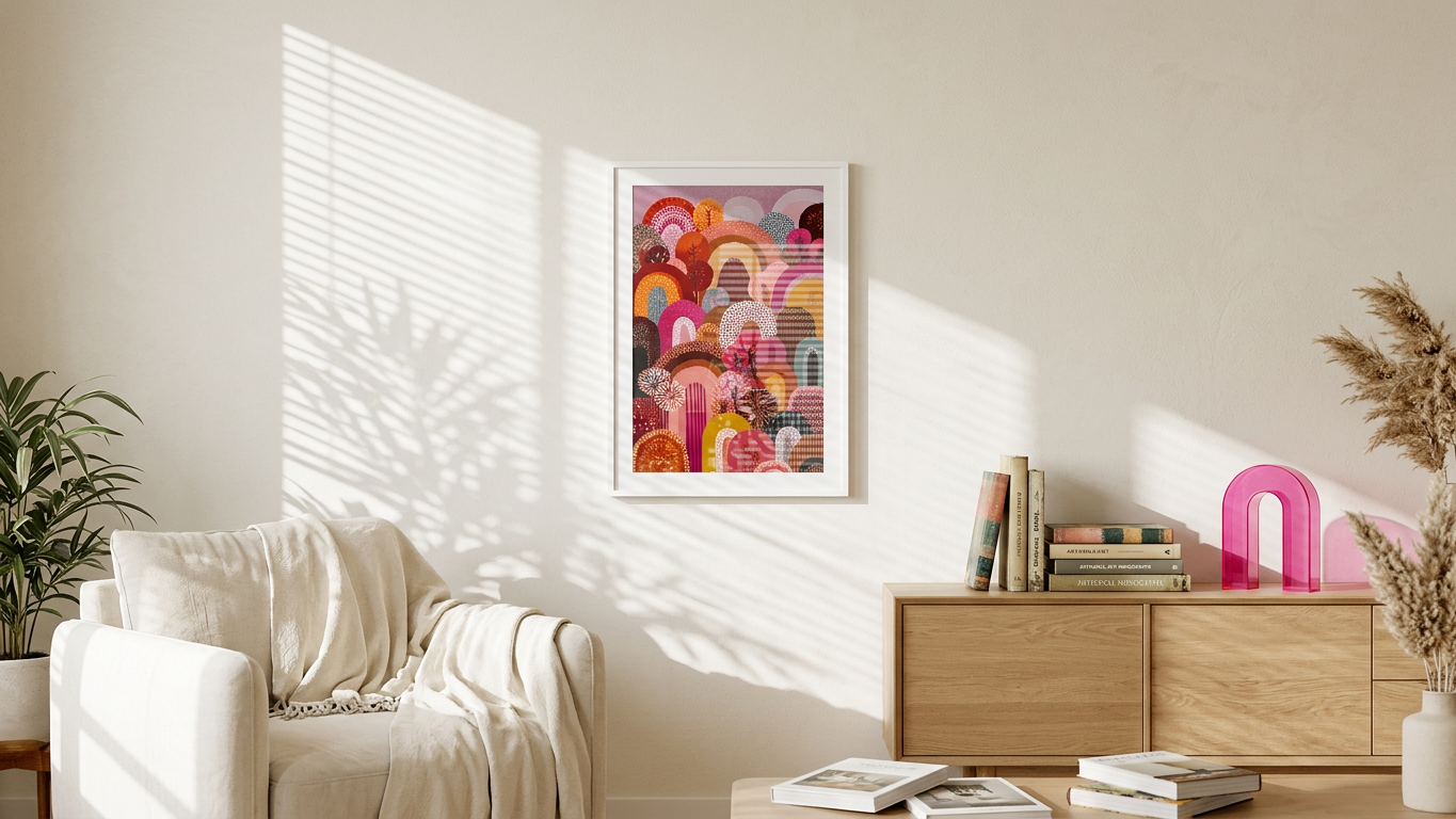 Burnt Sienna & Fuchsia Arched Forest Painting | Naive Style | Living Room Decor | Digital Download