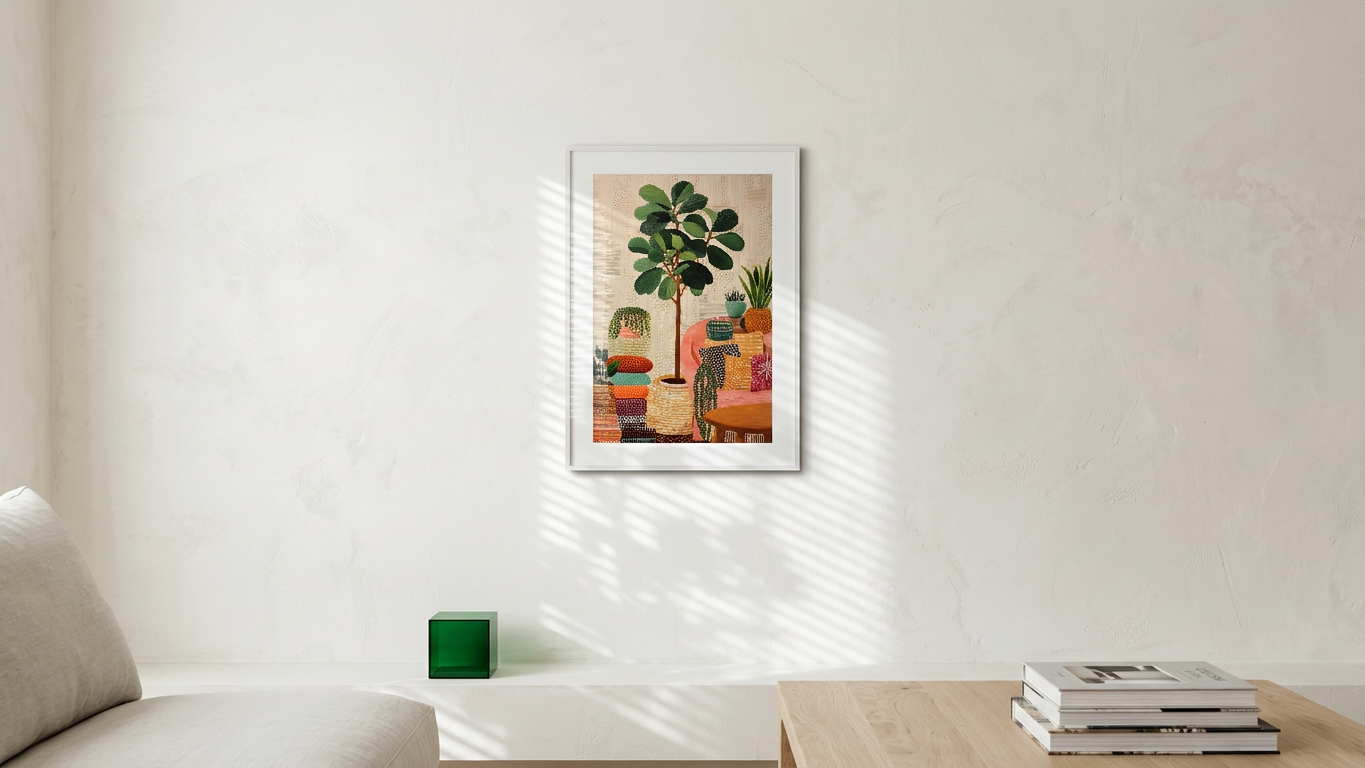 Whimsical, Ethereal Fiddle-Leaf Fig Art | Earthy Greens & Peach Tones | Ethereal indoor garden escape | Gift for Plant Lovers | Digital Download