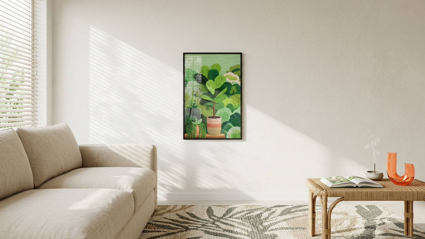 Ethereal & Lush Fiddle Leaf Fig Art | Emerald & Terracotta Tones | Indoor oasis of calm | Gift for Cat Lovers | Digital Download