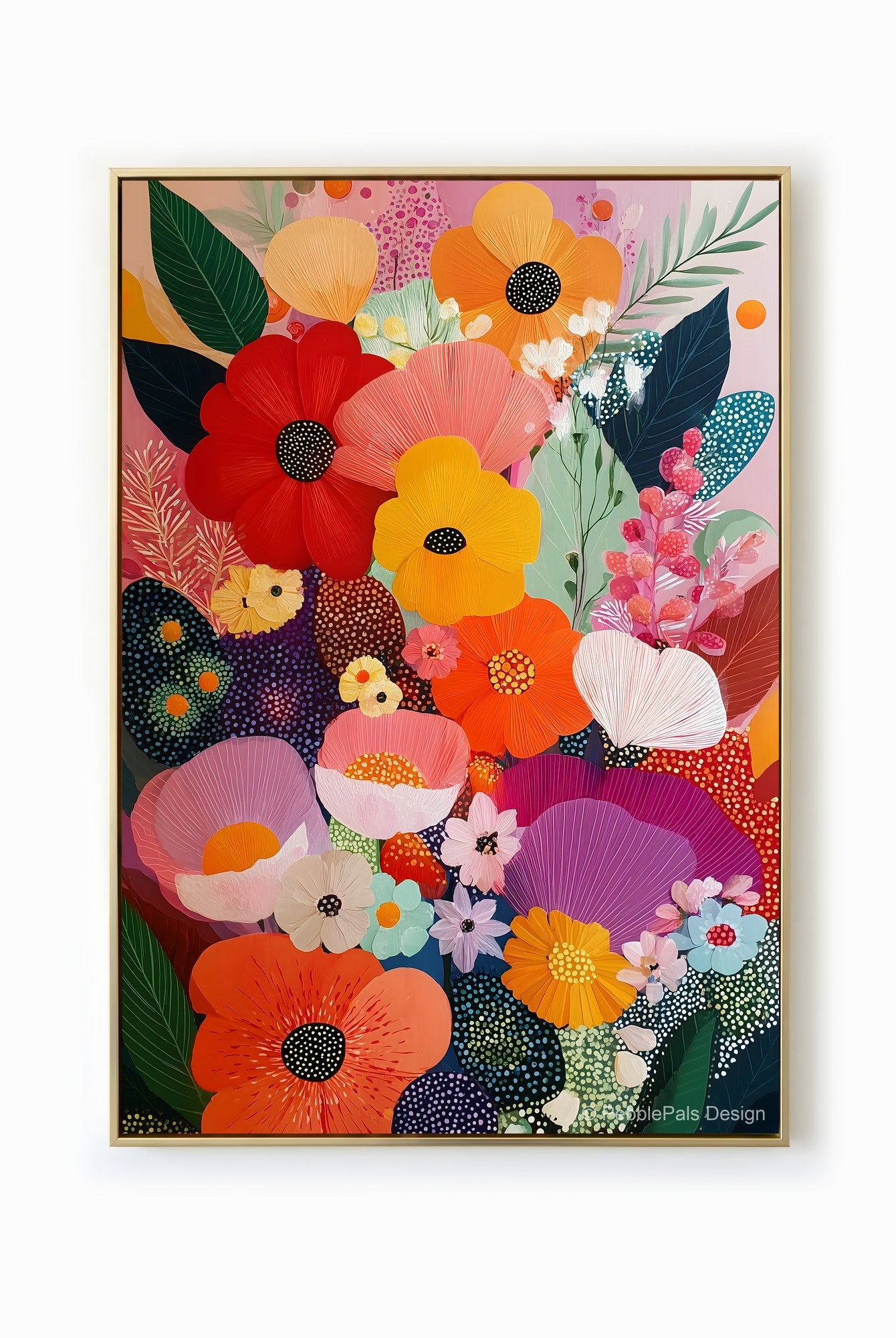 A vibrant abstract painting of a floral bouquet with bold reds, oranges, yellows, and greens.